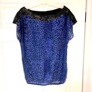 Y2K Charlotte Russe Cap Sleeve Sequined Leopard Top Blue Small